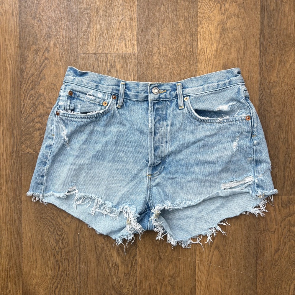 Agolde Womens Light Wash Frayed Raw Hem Distressed Button Fly Jean Shorts